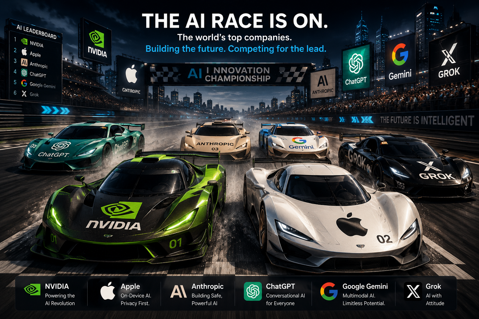 AI company race cars competing under a neon leaderboard for Nvidia, Apple, Anthropic, ChatGPT, Gemini, and Grok.